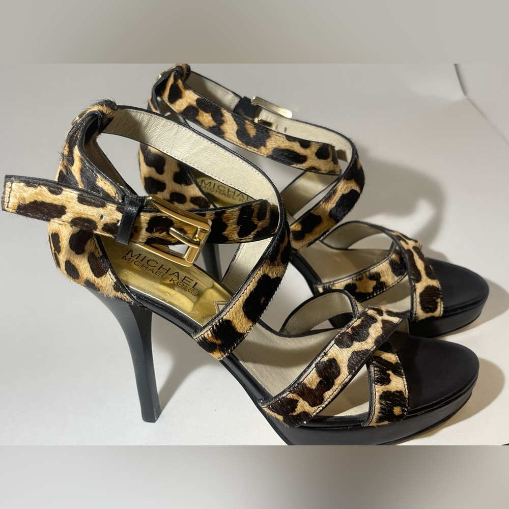 Michael Kors Evie Natural Printed Haircalf Platform Sandals- New